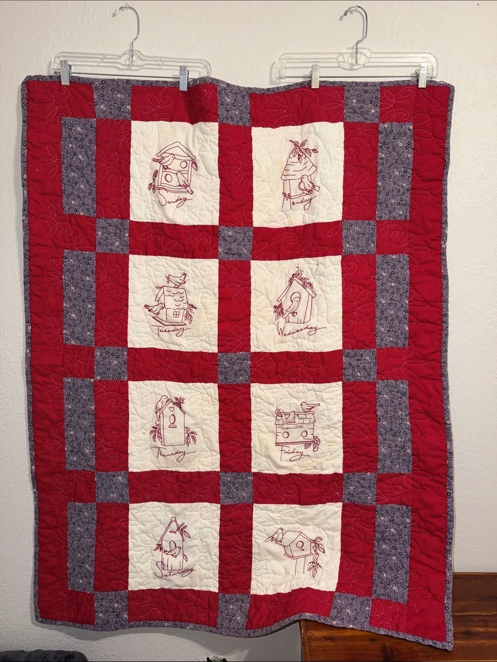Vintage Patchwork Floral Quilt  Birds Hand Embroidered heirloom blanket grandma